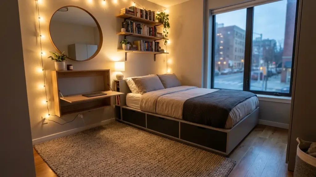 small modern bedroom design with multifunctional furniture and mirrors