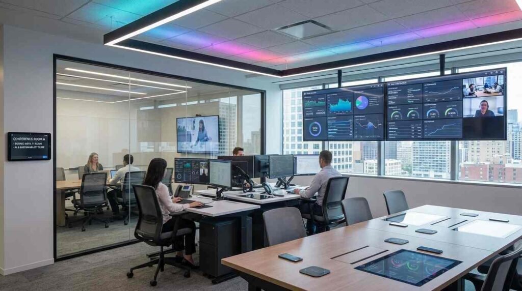 Smart office design in the USA with digital systems and modern technology