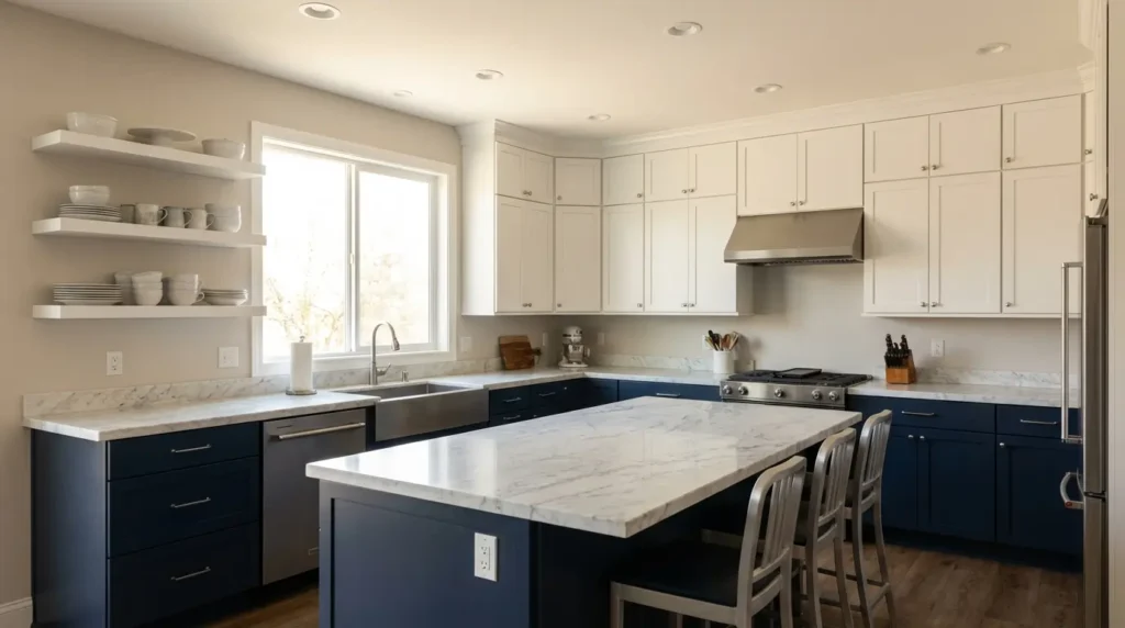two tone kitchen cabinets with white and navy blue colors in a modern kitchen