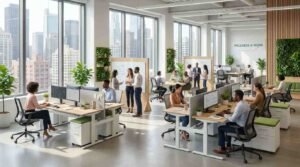 Modern productive office interior design in the USA with natural light and ergonomic furniture