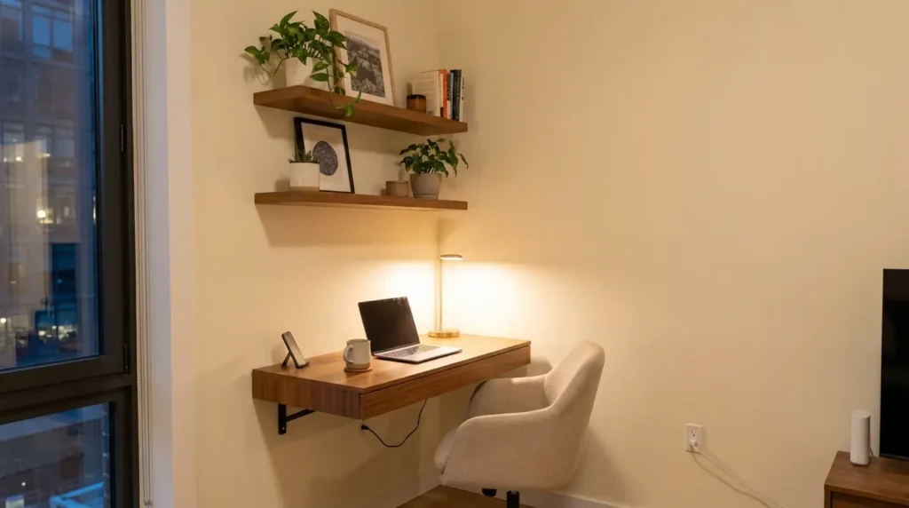 small space home office setup USA 2026 corner workspace design