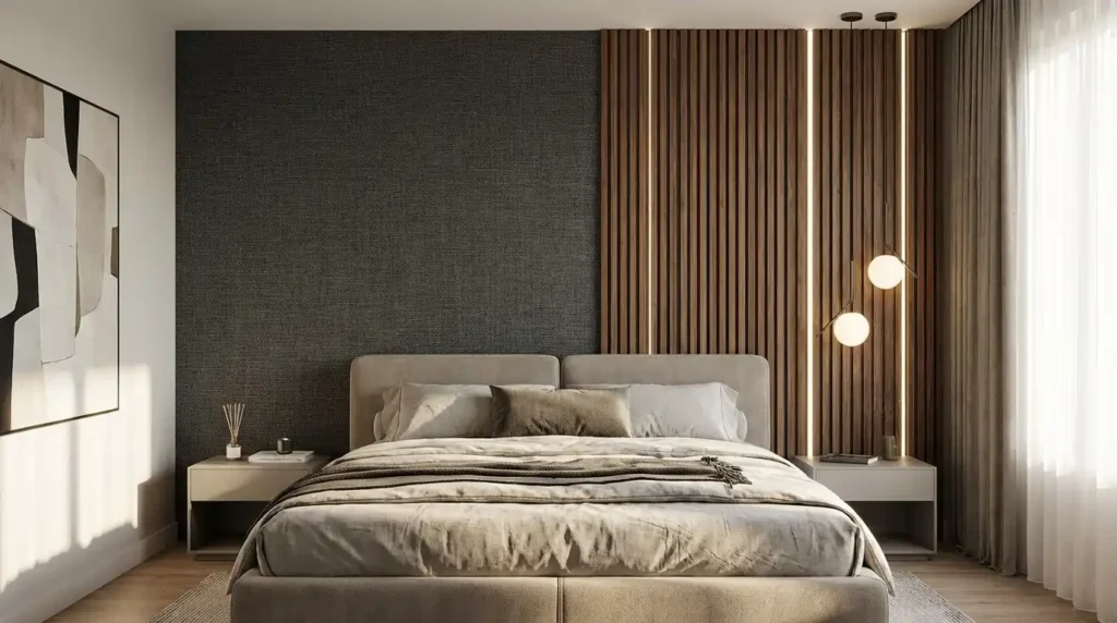 modern bedroom accent wall with wallpaper and wooden panels