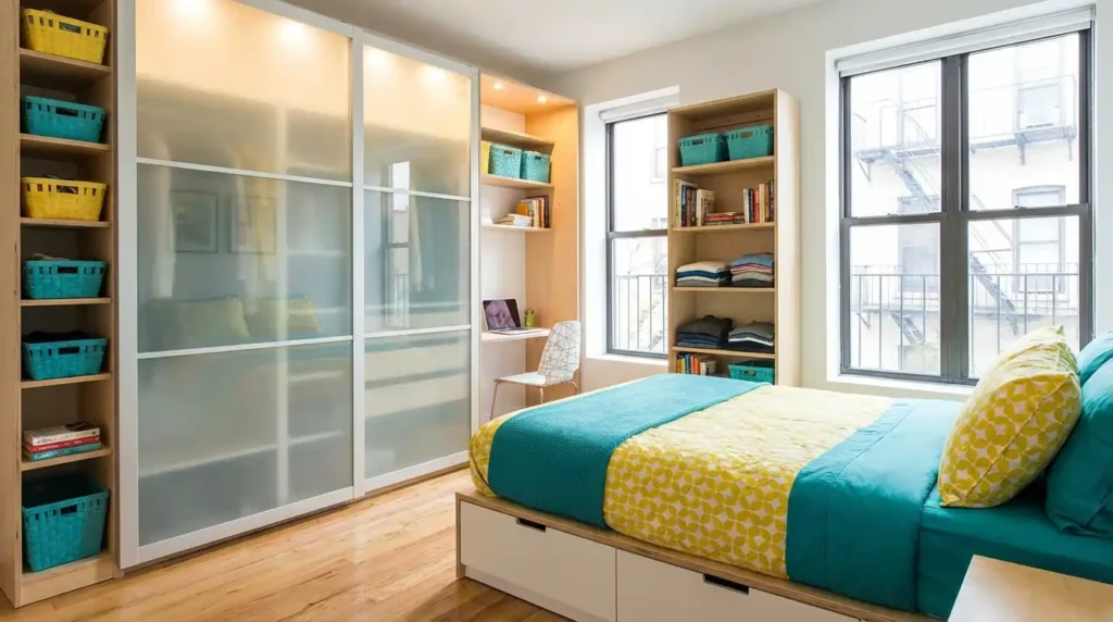 Built-in wardrobe with sliding doors in a small American bedroom
