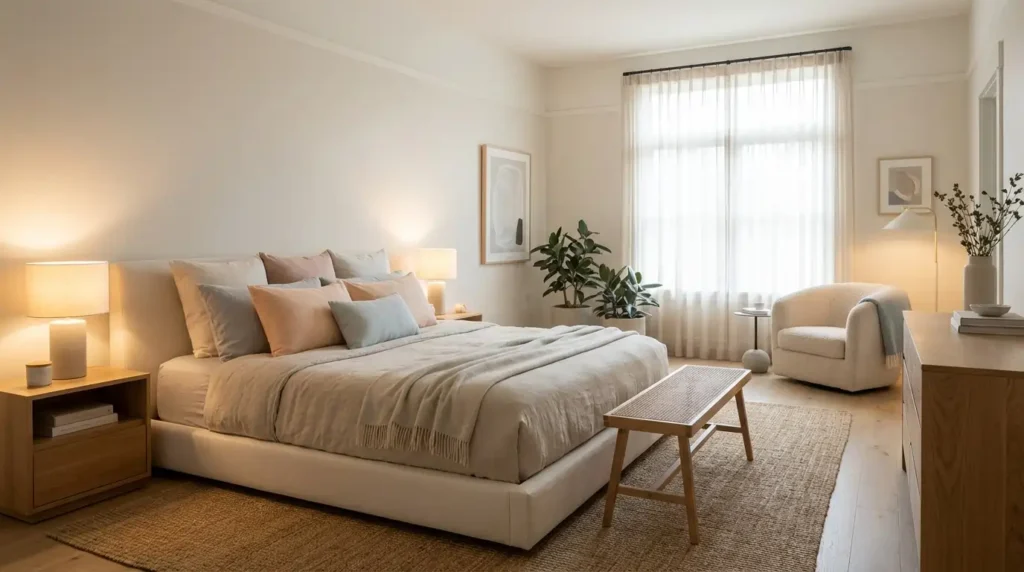 bedroom with white beige gray and pastel color scheme