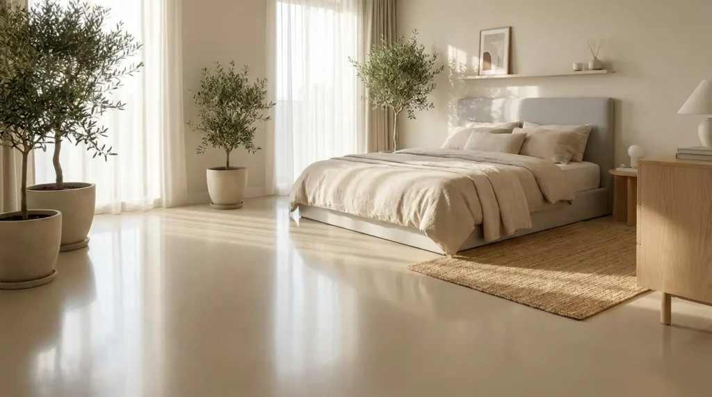 Bedroom with neutral epoxy flooring colors creating calm and relaxing environment in USA homes
