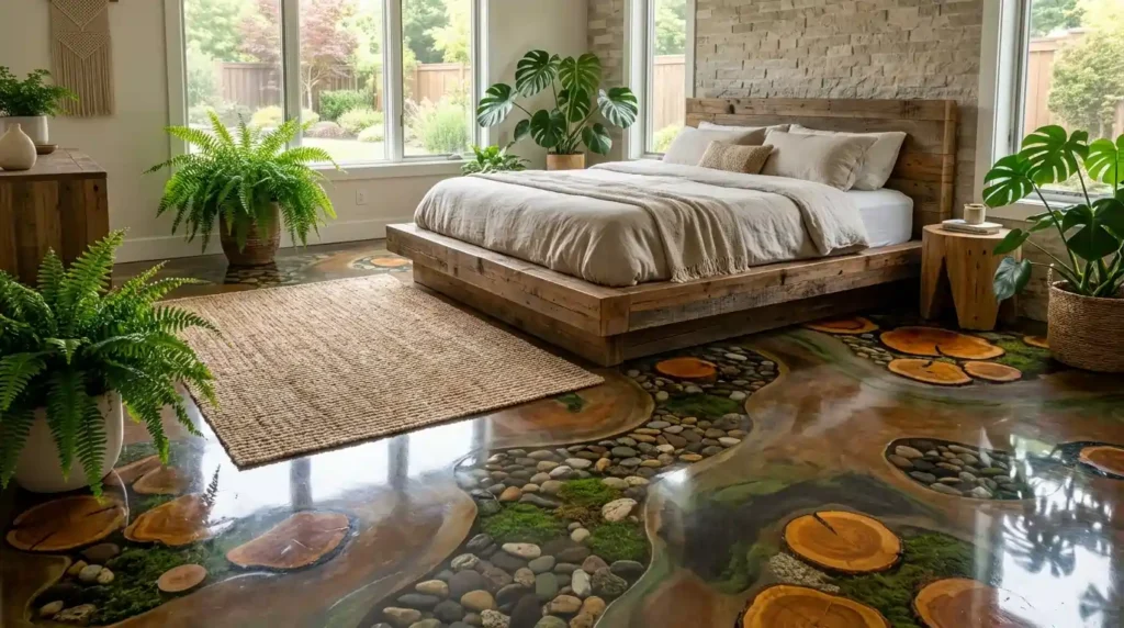 Bedroom with nature-inspired epoxy flooring featuring stone texture and earthy tones in USA