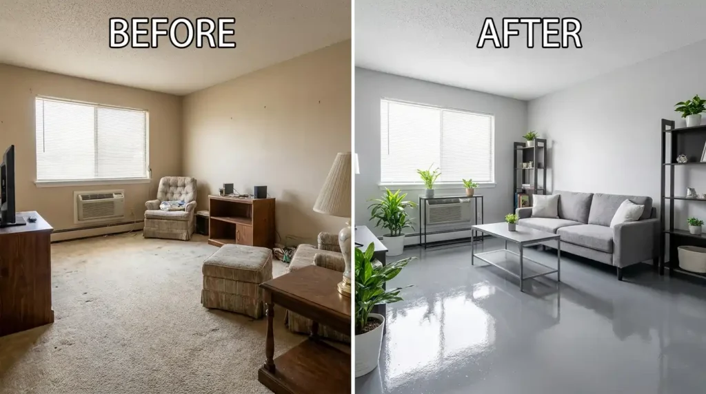 Before and after comparison of living room epoxy flooring renovation in USA apartment