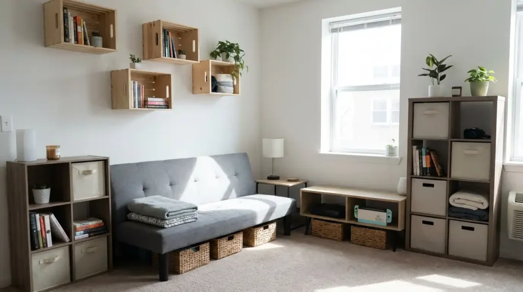 budget friendly storage ideas small living room USA baskets shelves