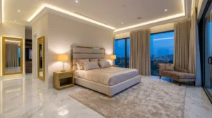 epoxy flooring for bedroom USA 2026 trend featuring glossy seamless floor and minimalist interior
