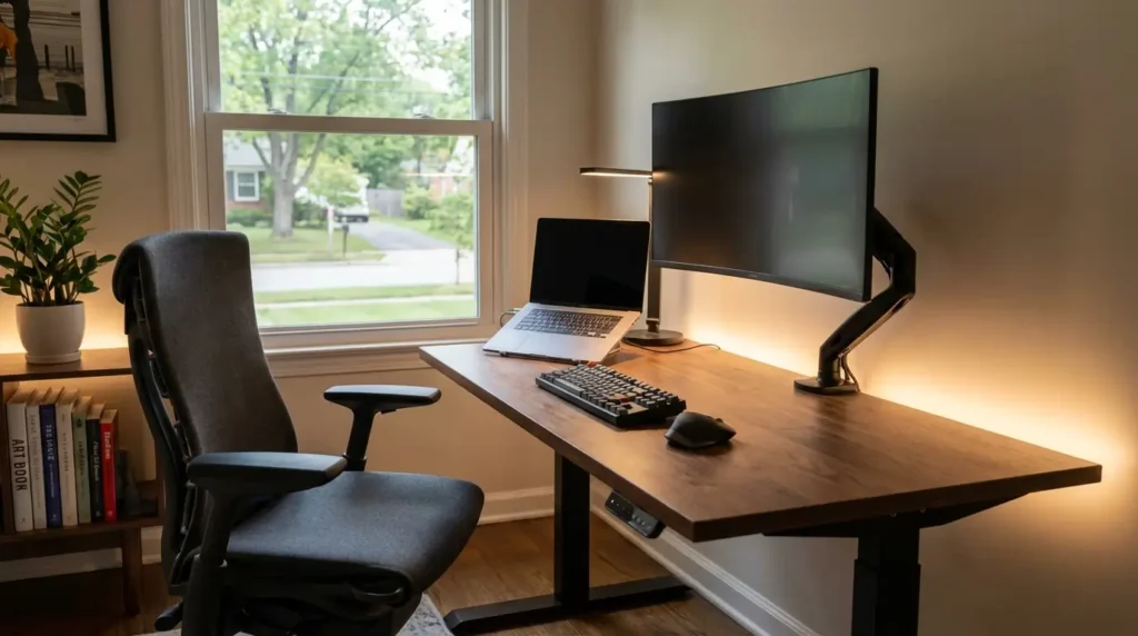 ergonomic desk and chair home office setup USA 2026