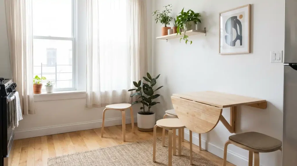 Foldable dining table in a small apartment for space-saving