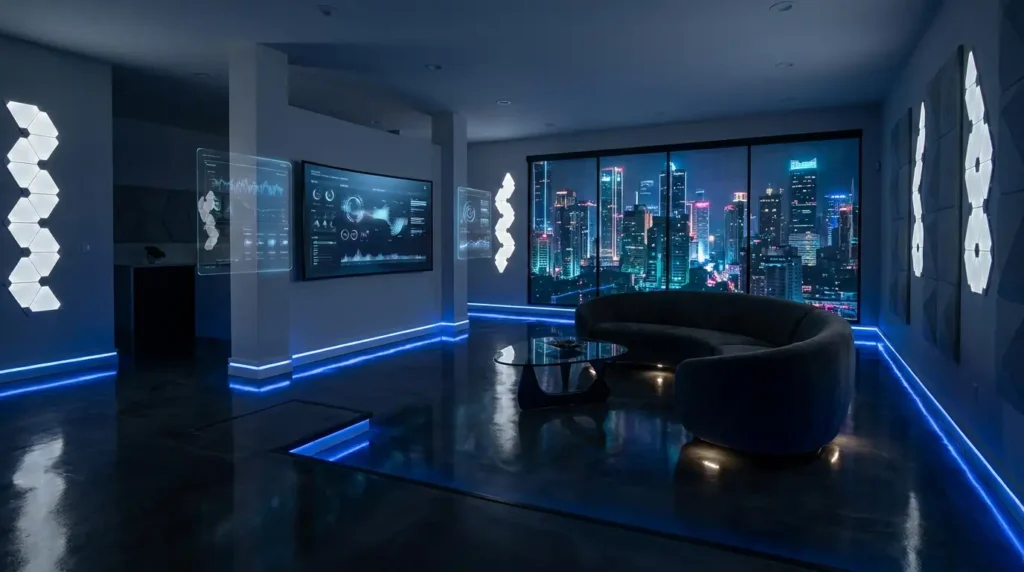 Living room with epoxy flooring and integrated LED smart lighting system in modern USA smart home