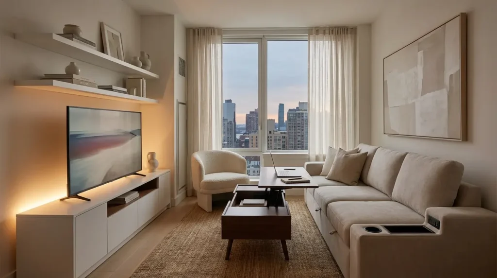 living room storage ideas for small homes USA with smart furniture and space saving solutions