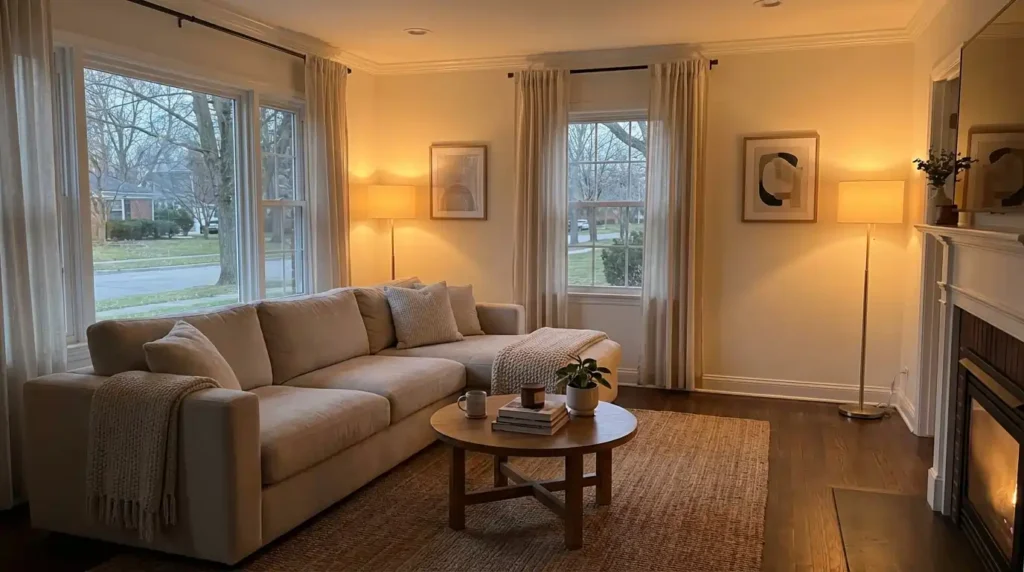 clean organized living room peaceful environment small home USA