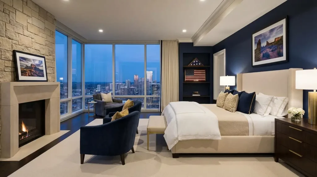 luxury bedroom with premium bedding and elegant furniture