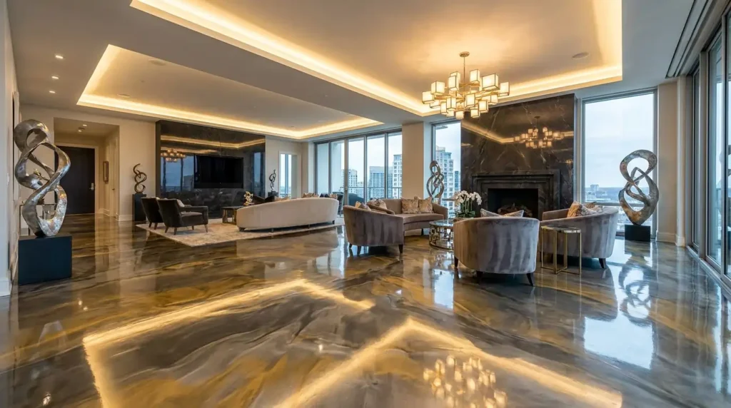 Luxury metallic epoxy flooring with gold and silver reflective patterns in modern USA home