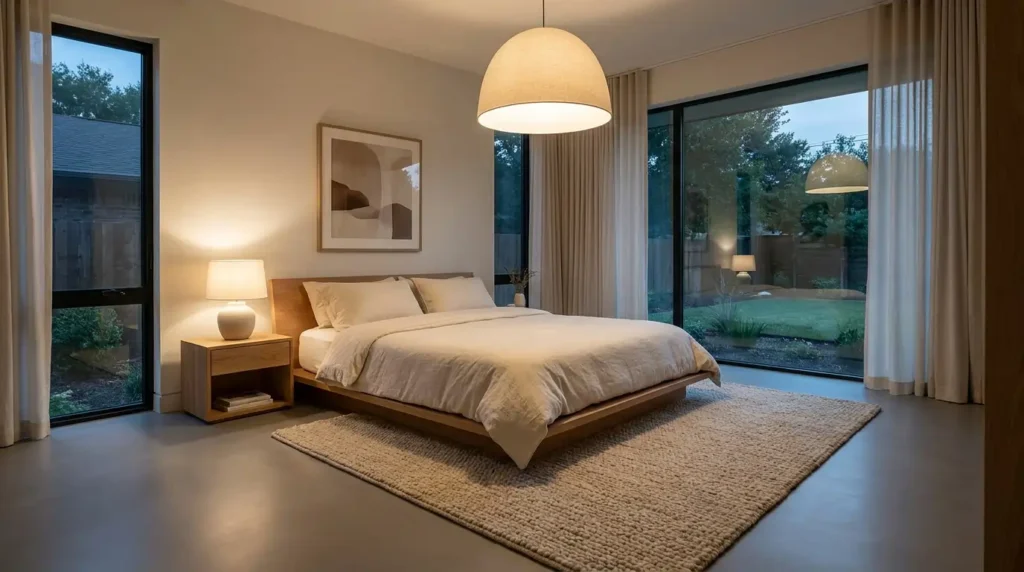Minimalist bedroom with matte epoxy flooring and soft neutral colors in USA homes