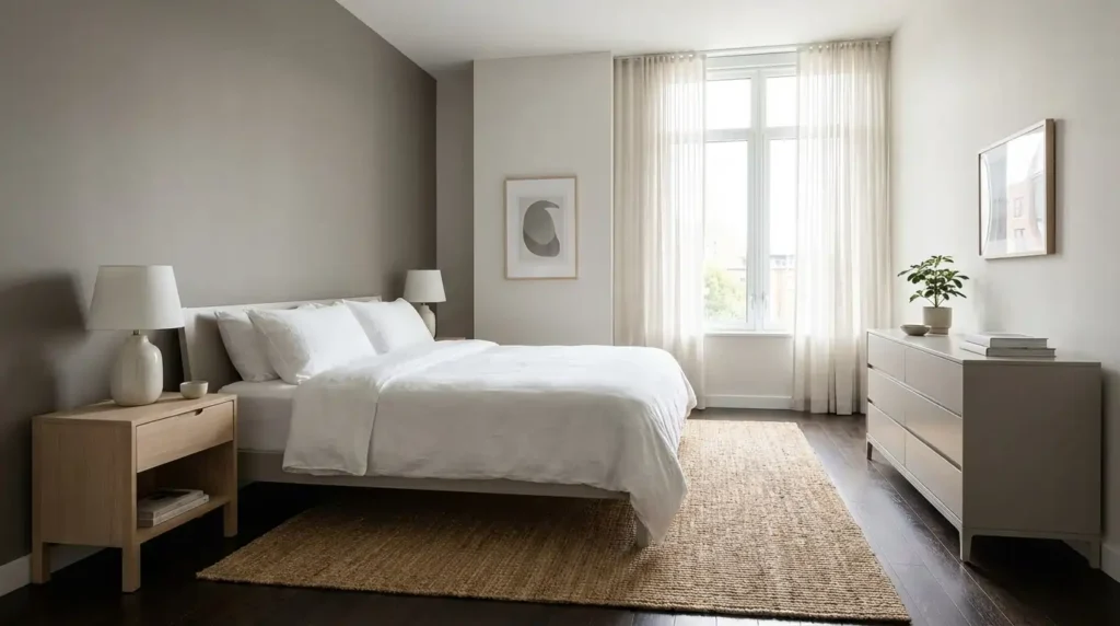 minimalist bedroom with simple furniture and clean layout