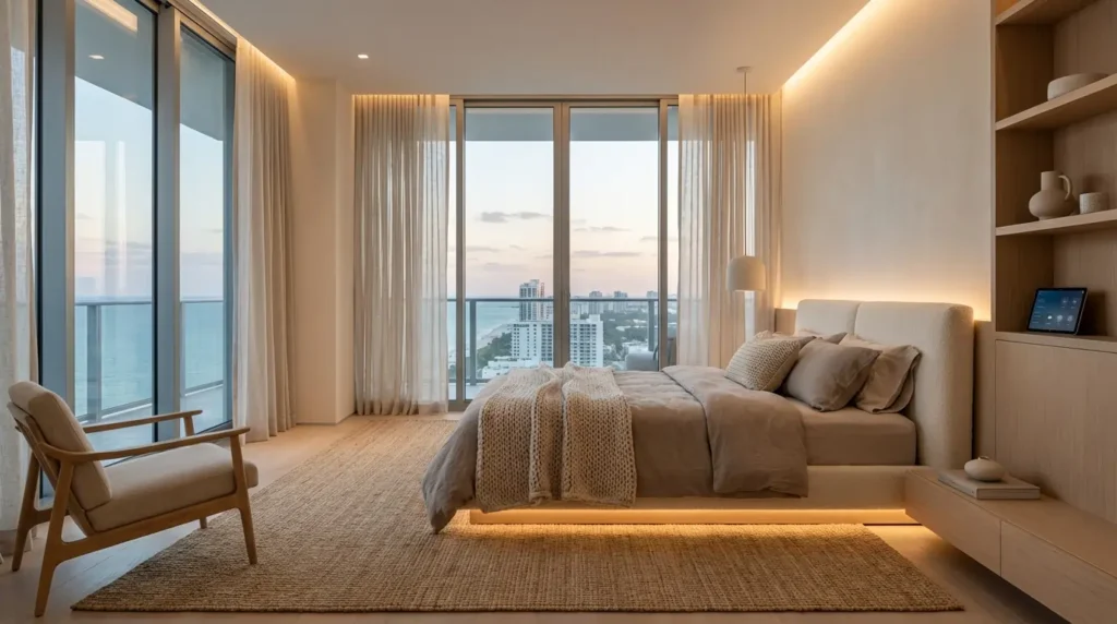 modern bedroom design USA 2026 with neutral colors and cozy layout