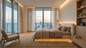 modern bedroom design USA 2026 with neutral colors and cozy layout