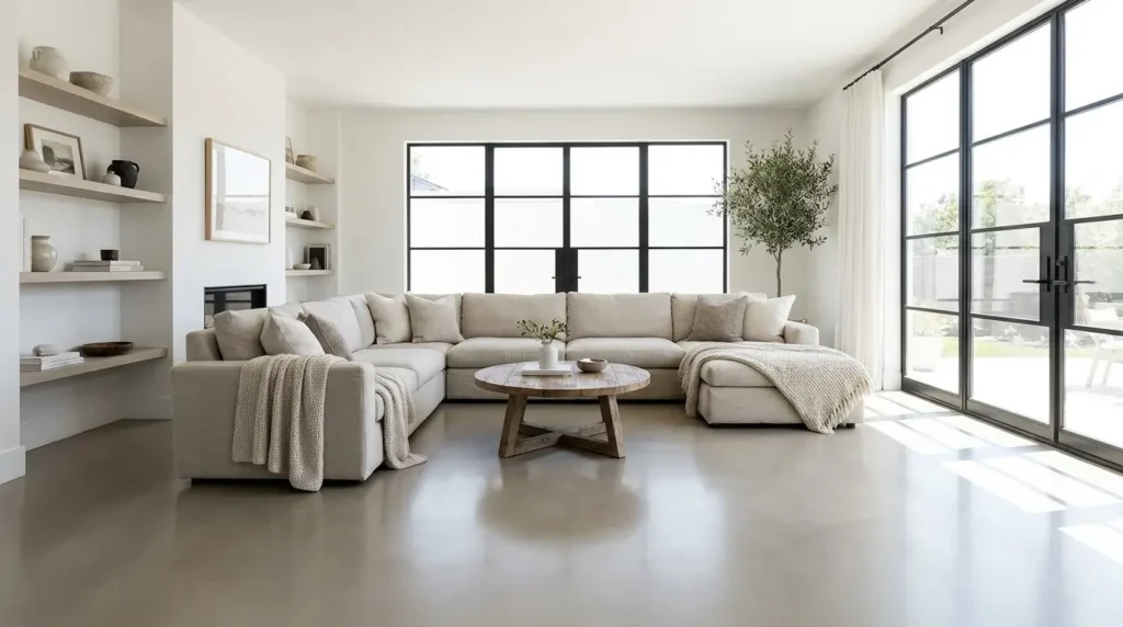Modern living room in USA with smooth self-leveling epoxy flooring and minimalist furniture
