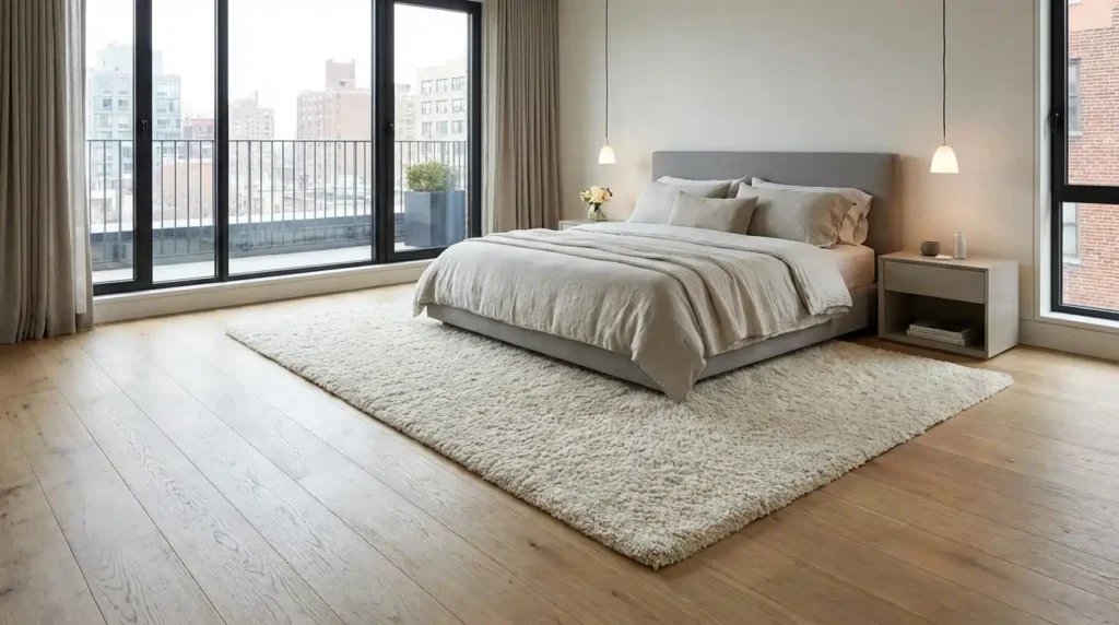 bedroom with wooden flooring and soft carpet