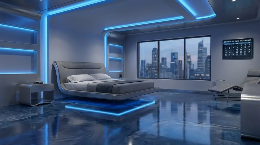 Bedroom with metallic epoxy floor reflecting light in modern USA interior design