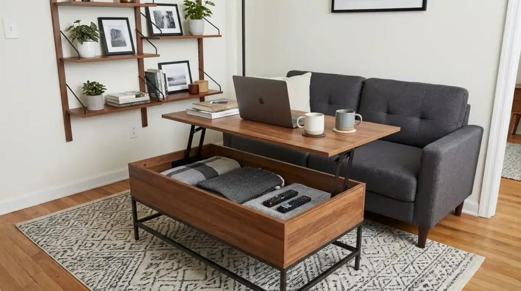 Coffee table with storage and adjustable height in a small home