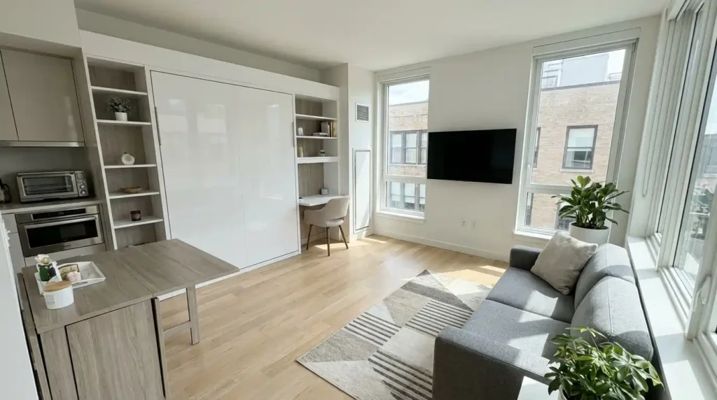Murphy bed folded inside the wall in a small American apartment