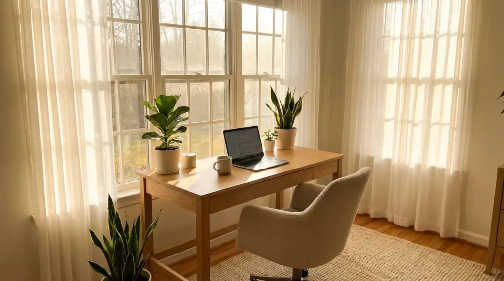 home office with natural light near window USA productivity setup
