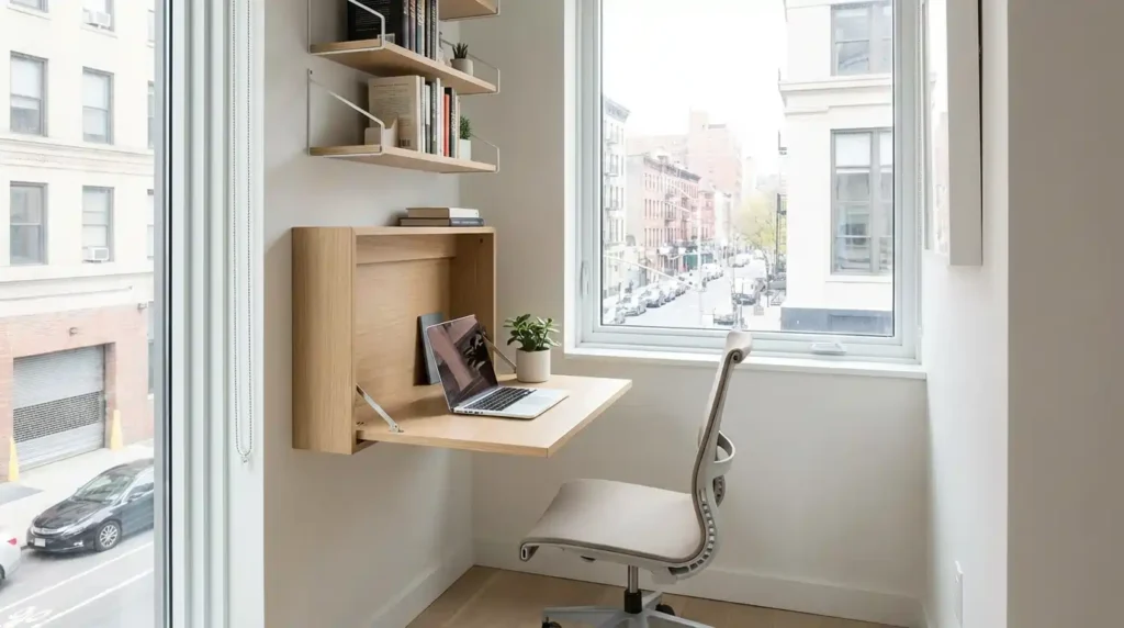 Wall-mounted foldable desk in a small apartment workspace