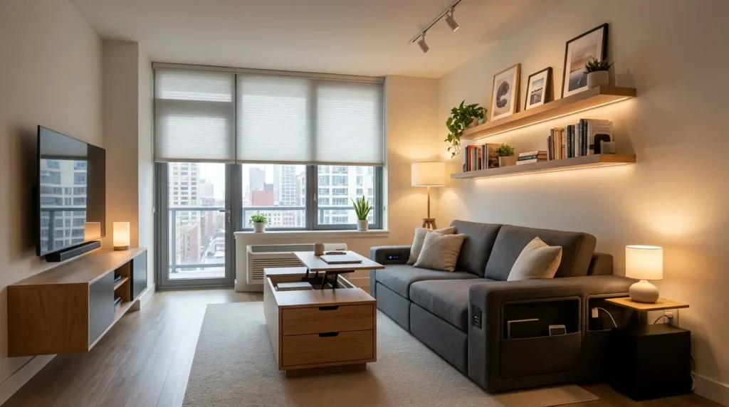 modern small living room with smart storage furniture USA apartment 2026