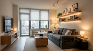 modern small living room with smart storage furniture USA apartment 2026