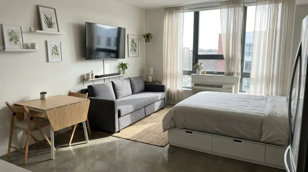 Smart furniture in a small American apartment for space-saving and modern design