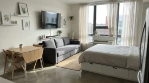 Smart furniture in a small American apartment for space-saving and modern design