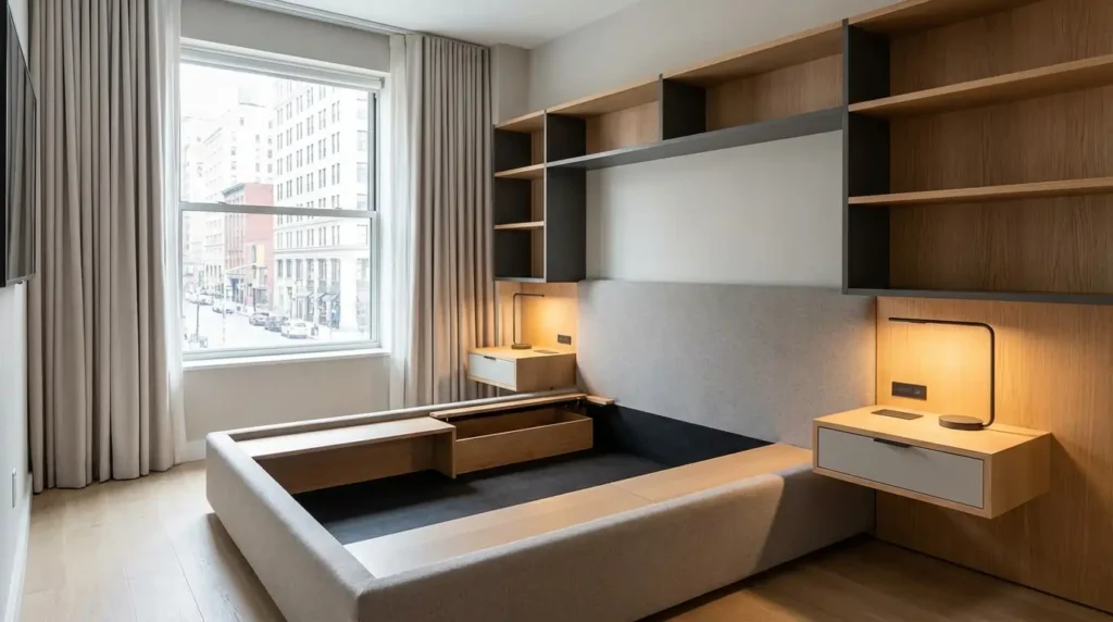 modern bedroom with storage bed and multifunctional furniture