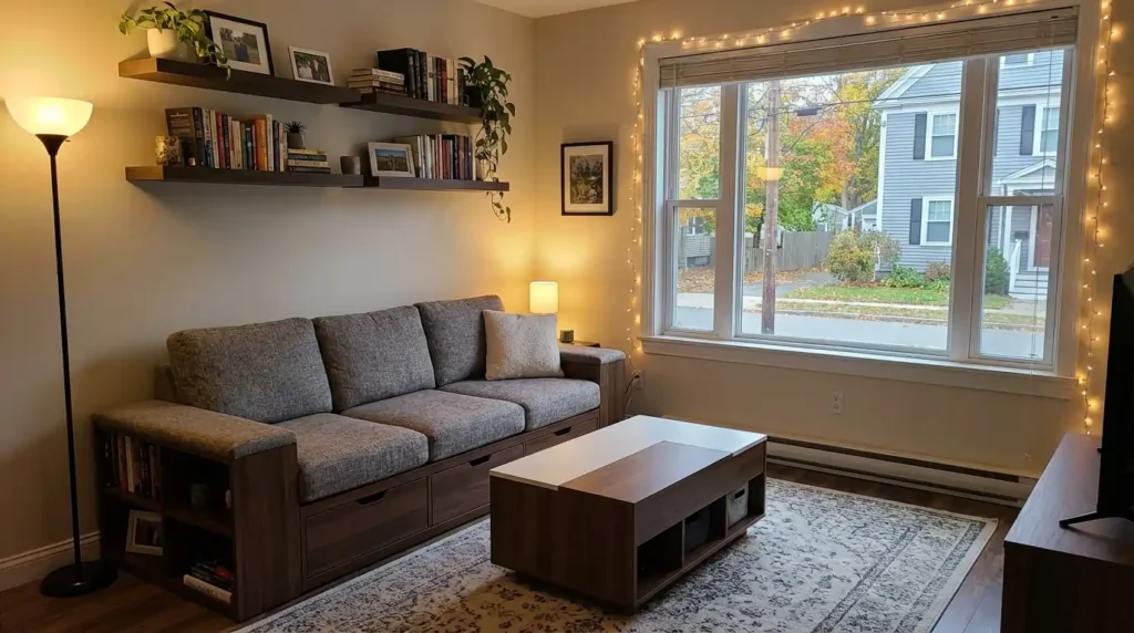 organized small living room storage planning zones USA apartment