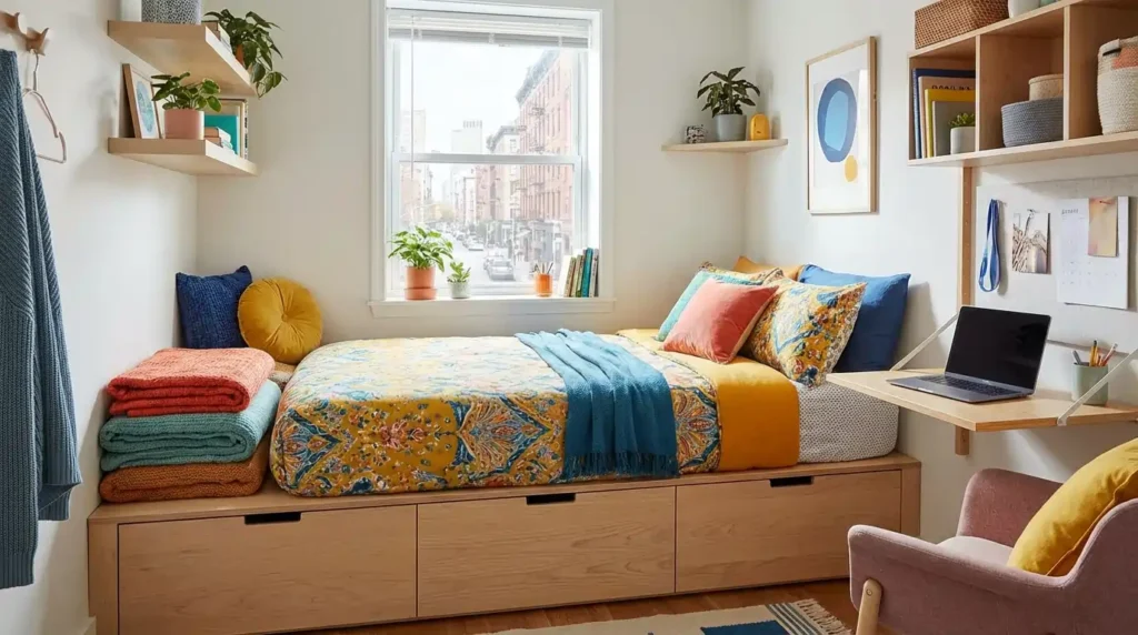 Storage bed in a small American bedroom for space optimization