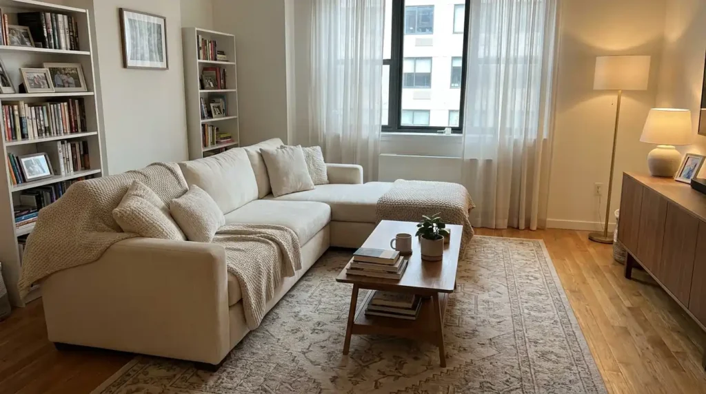 Cream sectional sofa in a modern American living room