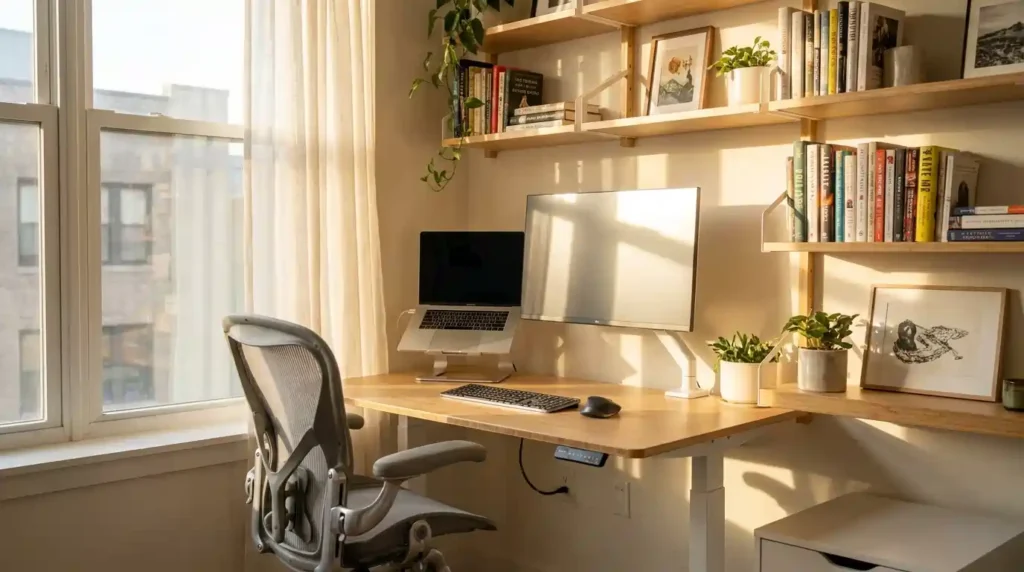 Ergonomic home office setup in modern apartment