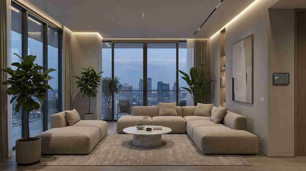 modern interior design USA 2026 living room with minimalist furniture