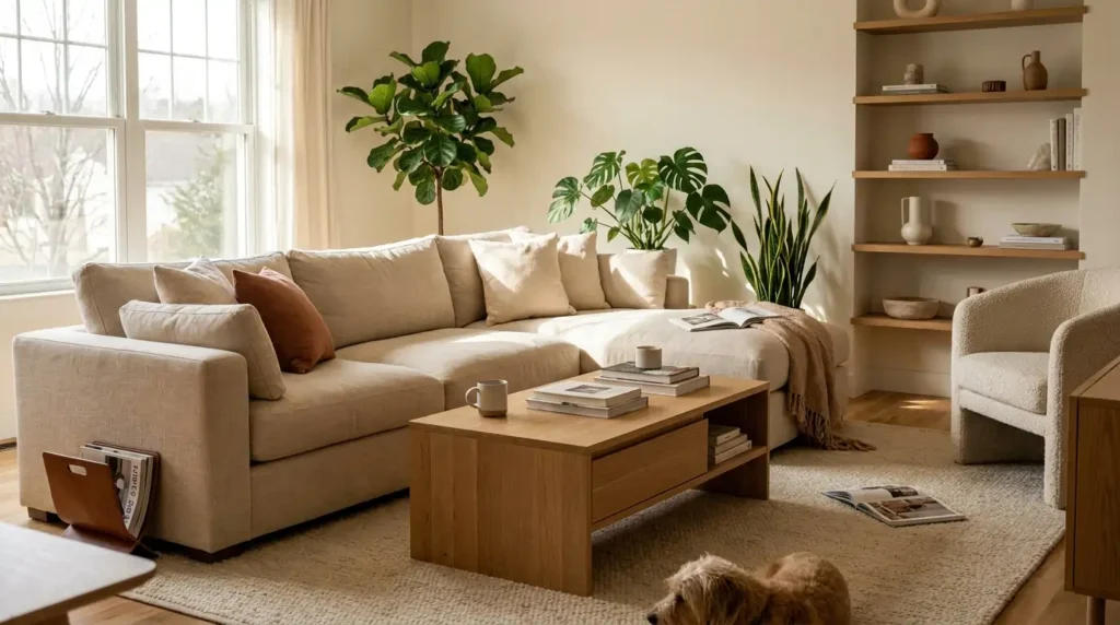 Modern American living room with sectional sofa and smart furniture design in 2026