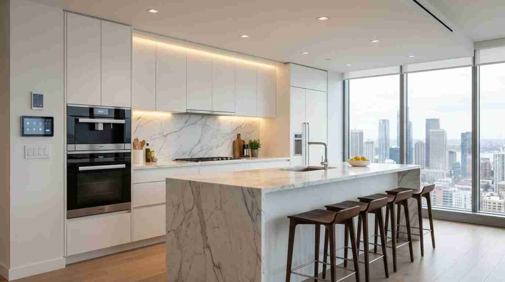 Modern open kitchen with smart appliances and sleek cabinets in an American home