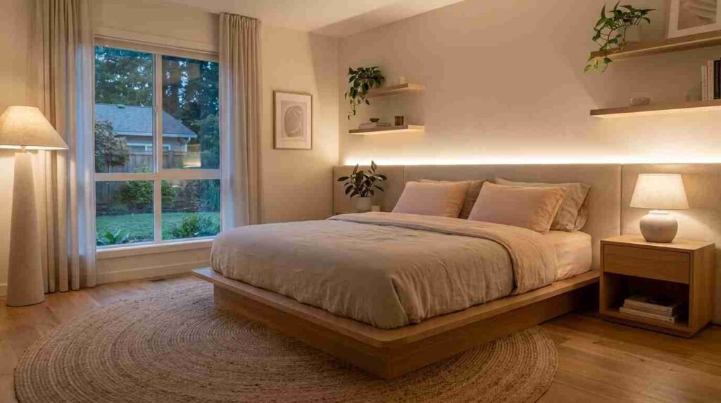 Modern minimalist bedroom with soft lighting and pastel colors in a USA home