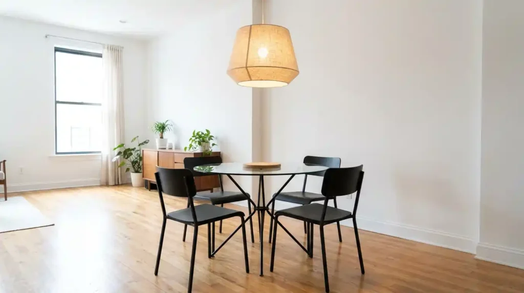 Round glass dining table in modern American apartment