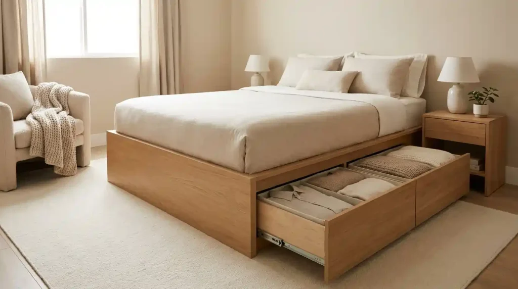 Storage bed with built-in drawers in modern bedroom