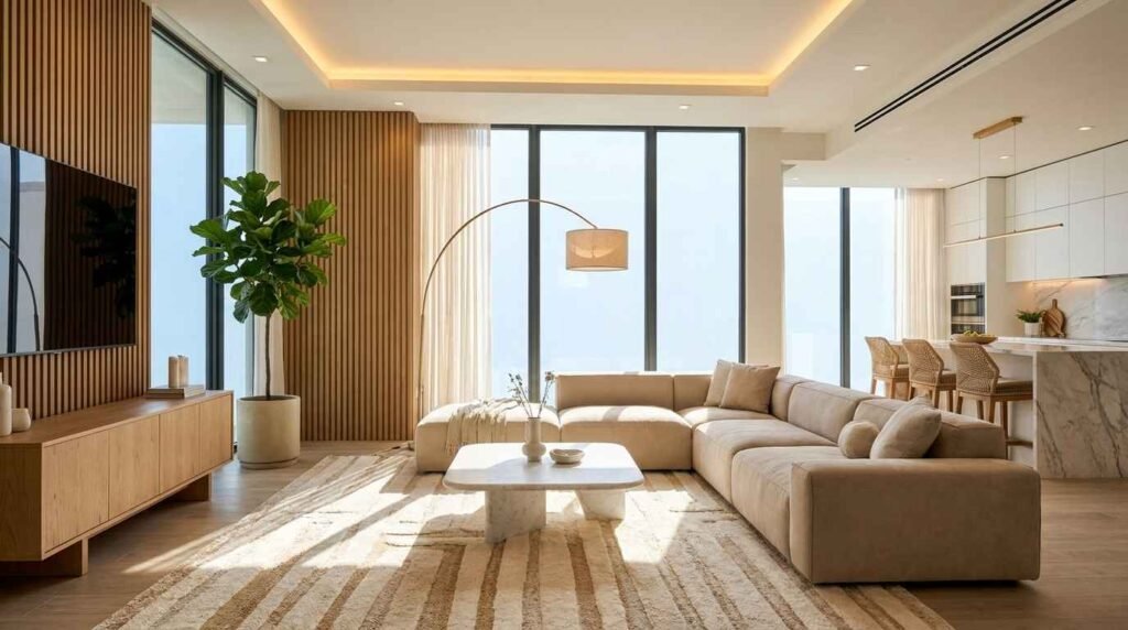 Modern luxury living room interior design in a contemporary USA home with natural lighting and minimalist furniture
