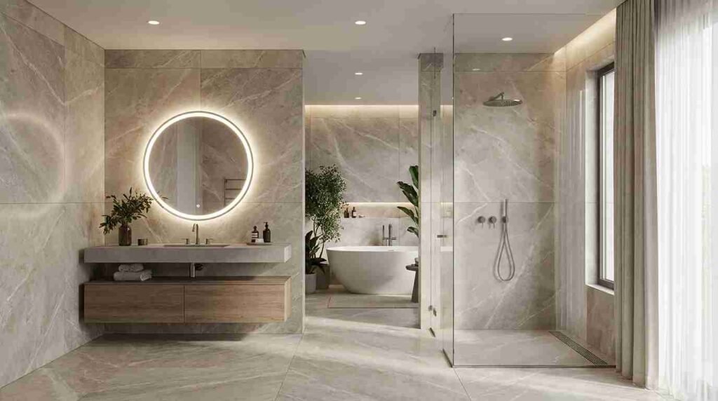 Modern spa-style bathroom with glass shower and floating vanity in a USA home