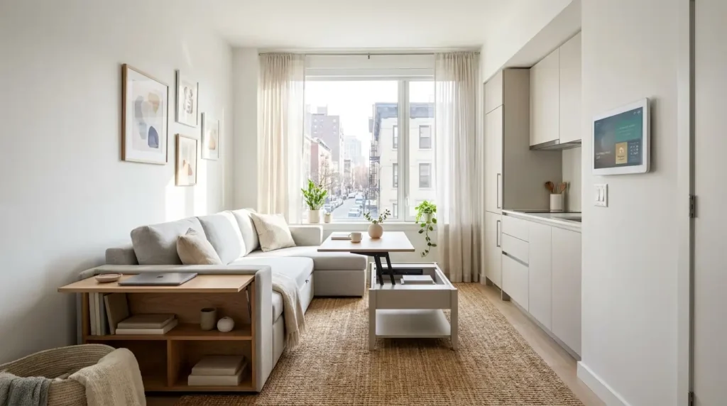 Small modern apartment interior with multifunctional furniture and bright lighting