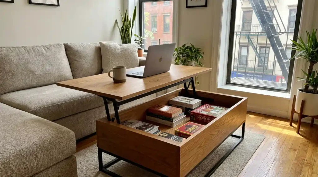 Lift-top coffee table with storage in modern apartment